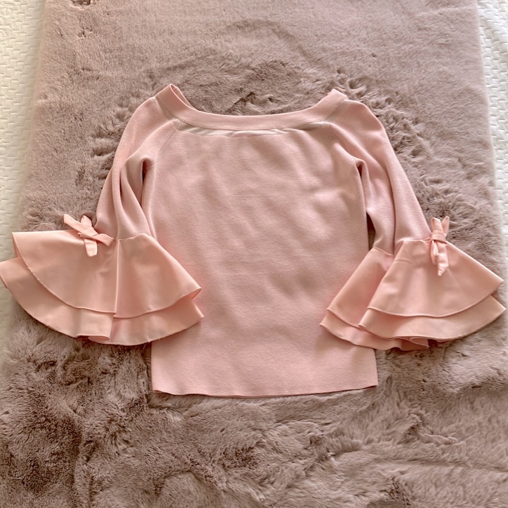 CATHERINE MALANDRINO PINK SWEATER TOP RUFFLE LAYERED SLEEVE SIZE S